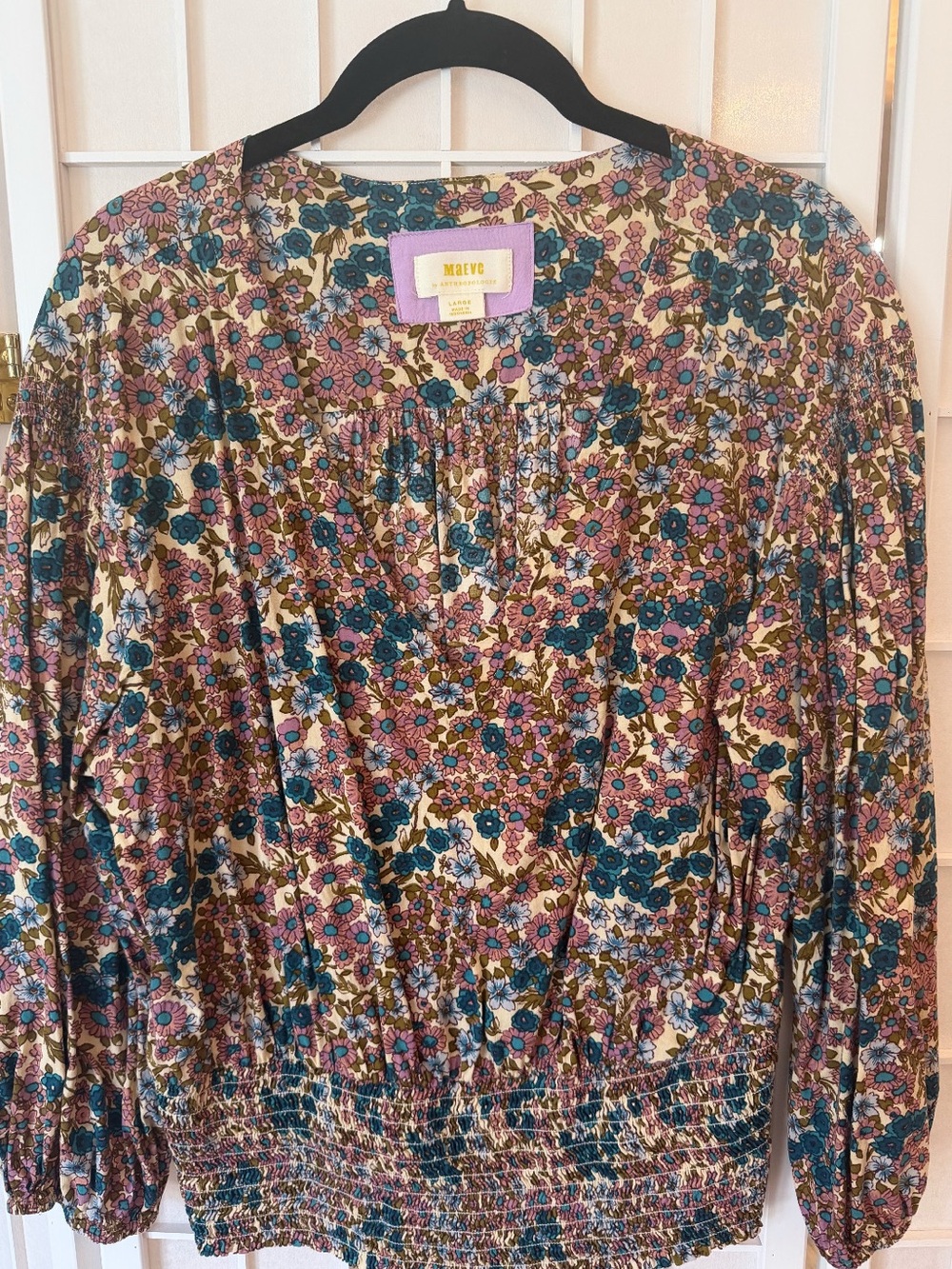 Maeve Floral Puff-Sleeve Blouse in Pink and Teal